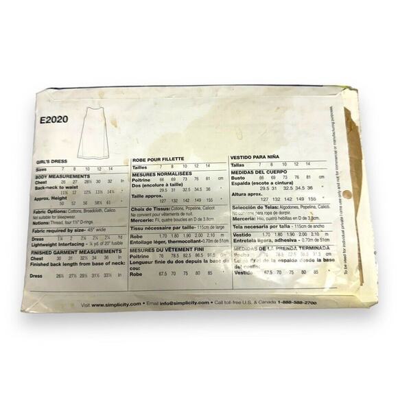 Simplicity E2020 Girls Dress Learn to Sew Simple Pattern 7-14 Shift Easy Uncut - Picture 3 of 3